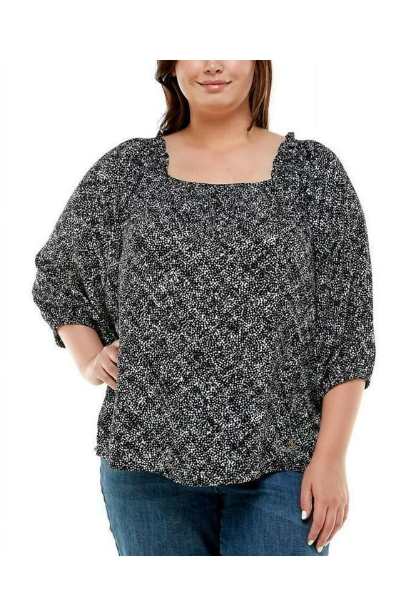 Plus Size 3/4 Sleeve Blouse with Smocked Shoulder Black 3X