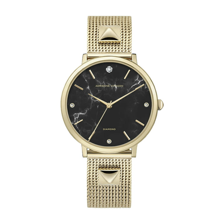 Adrienne Vittadini Women's Black Dial and Gold Tone Metal Strap Analog  Watch 