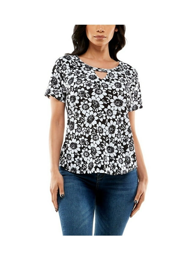 Women's Short Sleeve Raglan Top with Keyhole Floral Size M