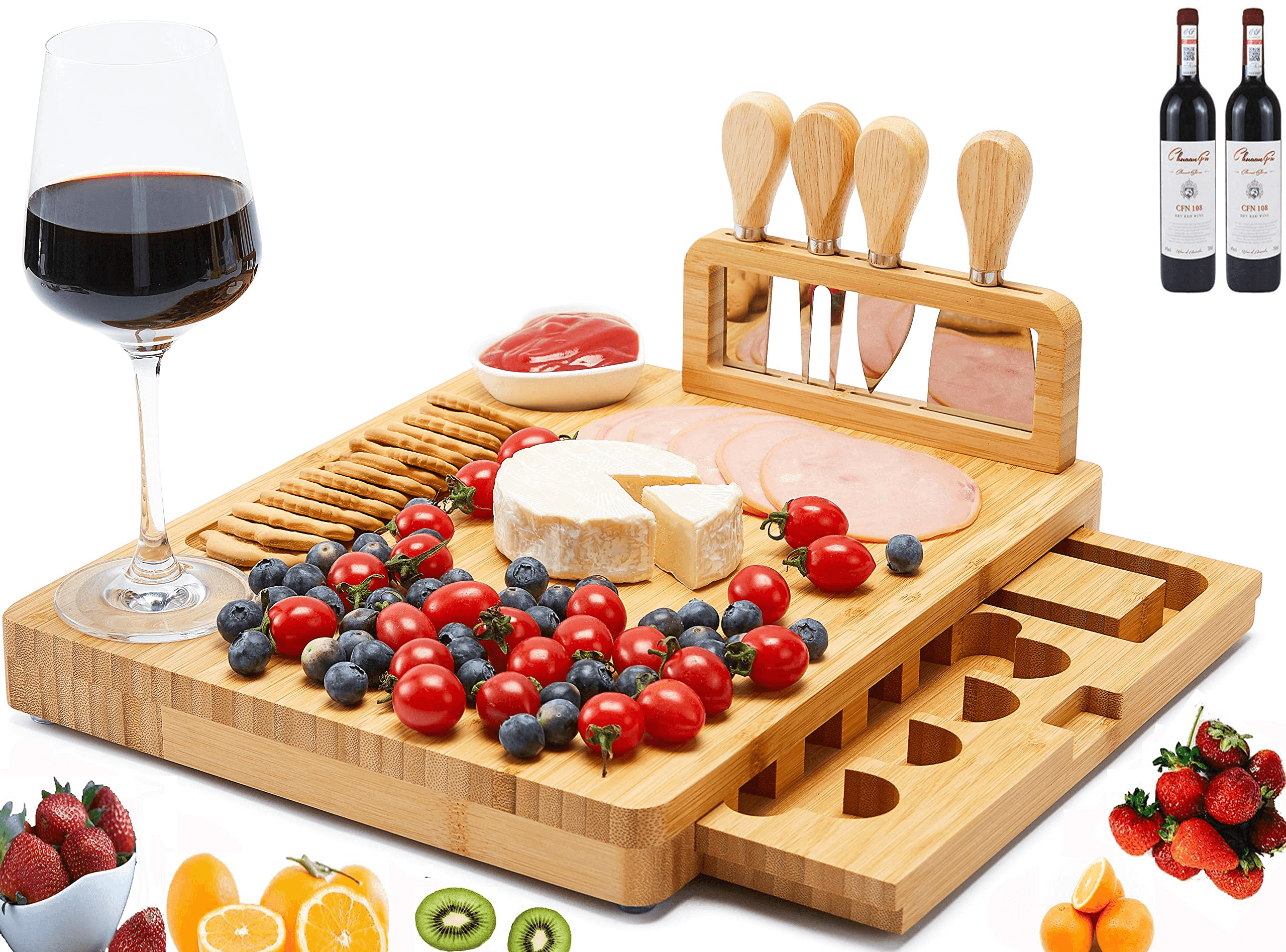 Adrinfly Bamboo Cheese Board and Knife Set for Kitchen, Charcuterie ...