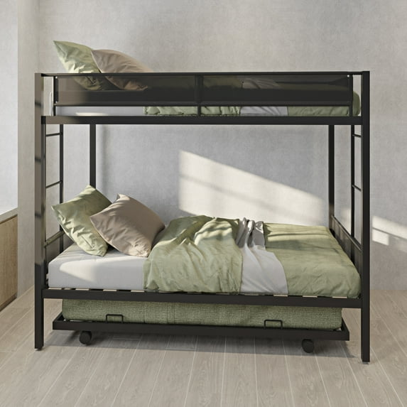 Adrinfly Metal Twin over twin bunk bed with Trundle/ Sturdy Metal Frame/ Comfortable Textilene Guardrail/ 2 side Ladders/ Space-Saving Trundle/ Bunk Bed for Three/ No Box Spring Needed