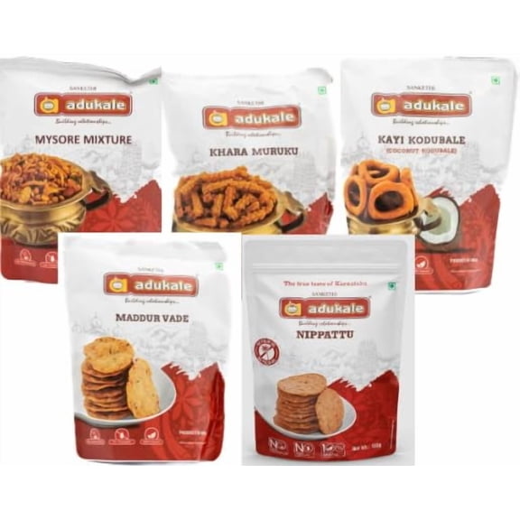Adukale Combo Pack - 5 (Pack of 5) Contain - ADK Maddur vade 180g, ADK -kayi kodubale 180g, ADK-khara Murukku 180g, ADK-Bangalore Mixture 180g and ADK-nipattu 180g..