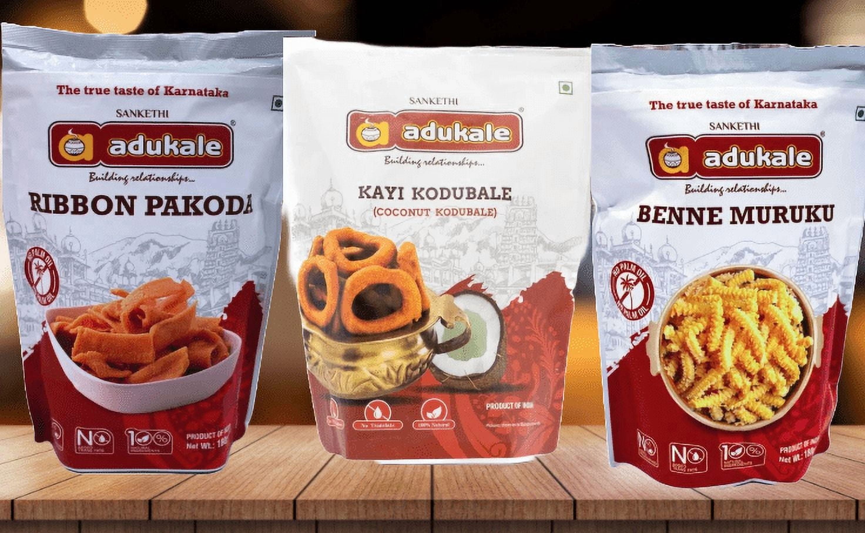 Adukale Snack Combo, Kayi Kodubale, Ribbon Pakoda & Benne Murukku, pack of 3, 180 G - Plastic Pouch, Whole Food Form, Nut Free - Vegetarian