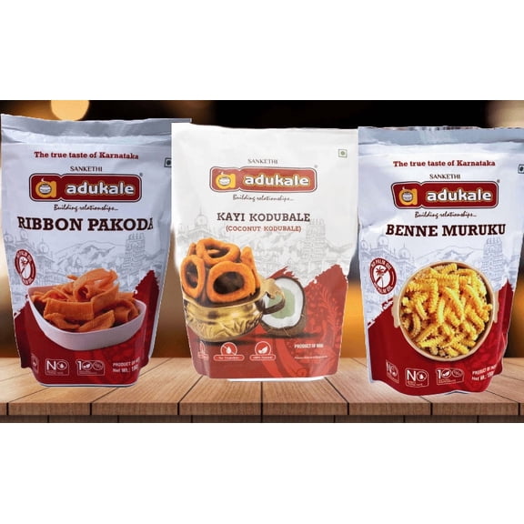 Adukale Snack Combo, Kayi Kodubale, Ribbon Pakoda & Benne Murukku, pack of 3, 180 G - Plastic Pouch, Whole Food Form, Nut Free - Vegetarian