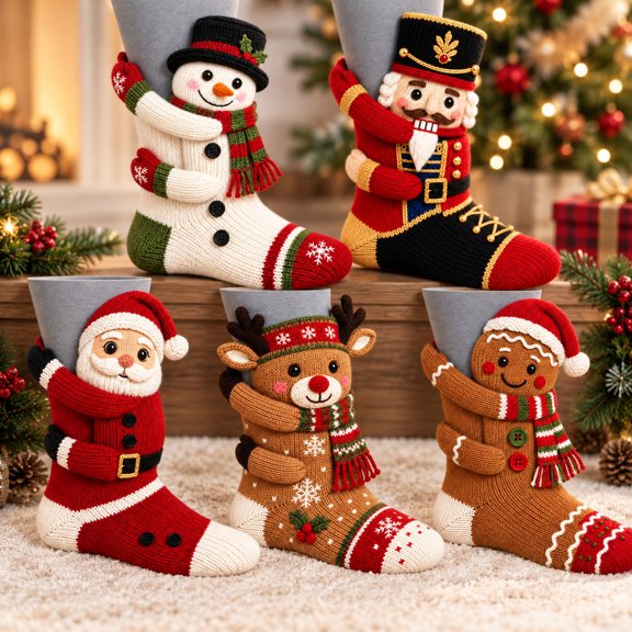 Adult 3D-Design Christmas Socks Knitted holiday socks featuring 3D motifs; available in 5 festive styles; soft, stretchy, and fun as a gift.