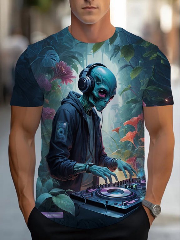 Adult 3D Printed T-Shirt Home Decor, Durable Fabric, Blue Alien DJ Design, Suitable for Parties and Events, Comfortable and Lightweight Men's Casual Top