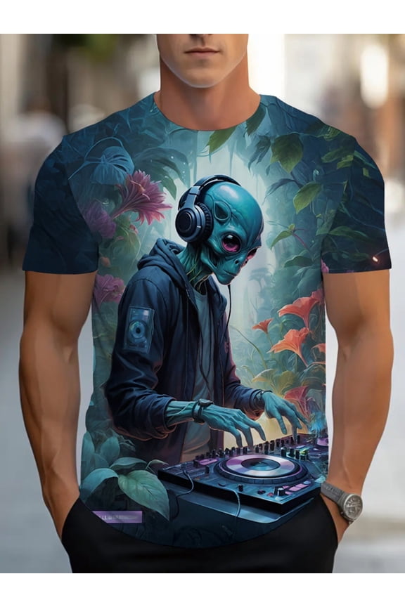 Adult 3D Printed T-Shirt Home Decor, Durable Fabric, Blue Alien DJ Design, Suitable for Parties and Events, Comfortable and Lightweight Men's Casual Top