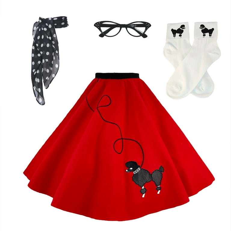 Hip Hop 50 s Shop 1950s Adult 4 Piece Poodle Skirt Costume Outfit for Women with Accessories glasses Socks Scarf Red Polka Dot Xs s Women s