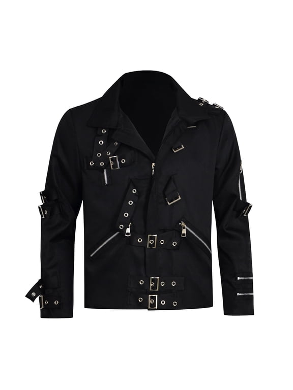 Adult 80s Pop Star Rockstar Jacket Black Punk Cosplay Coat with Buckle Straps Retro Pop Singer Stage Performance Dance Costume, Black XXL