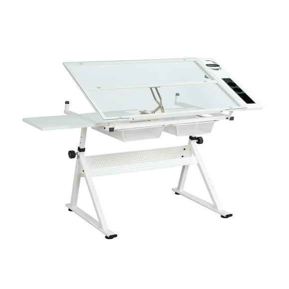 Adult Artist Glass Painting Table 0-75° 31.5"-49.5" Adjustable Height Slope Art Craft Table Suitable for Home Office Art Studio School Sketching Painting with Drawer Chair White