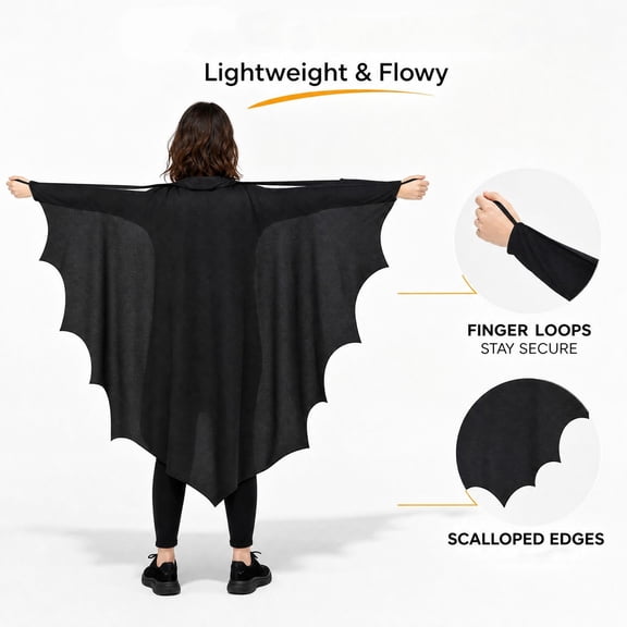 Adult Bat Costume Poncho Cape Halloween Cosplay Winged Cloak with Finger Loops Scalloped Edges