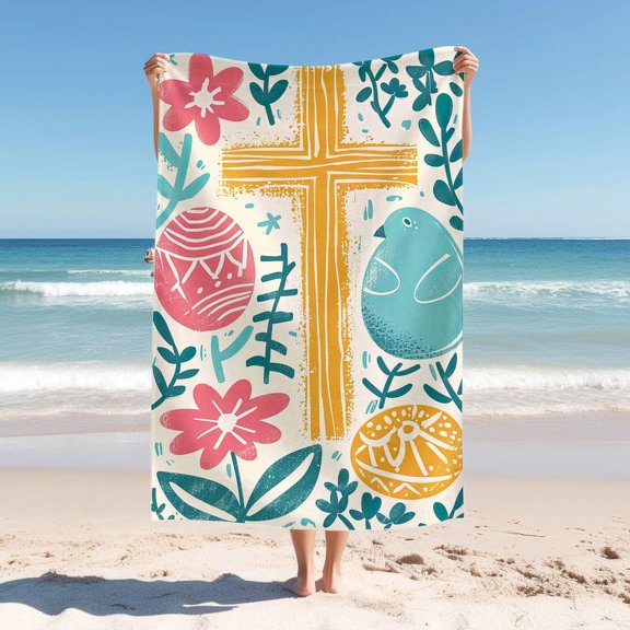 Adult Beach Towel, Modern Simple Beach Towel, Easter Cross Egg Print Bath Towel, Easter Gift