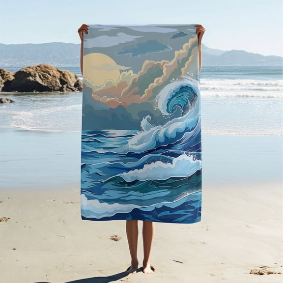 Adult Beach Towel, Modern Simple Style Beach Towel, Wave Print Bath Towel