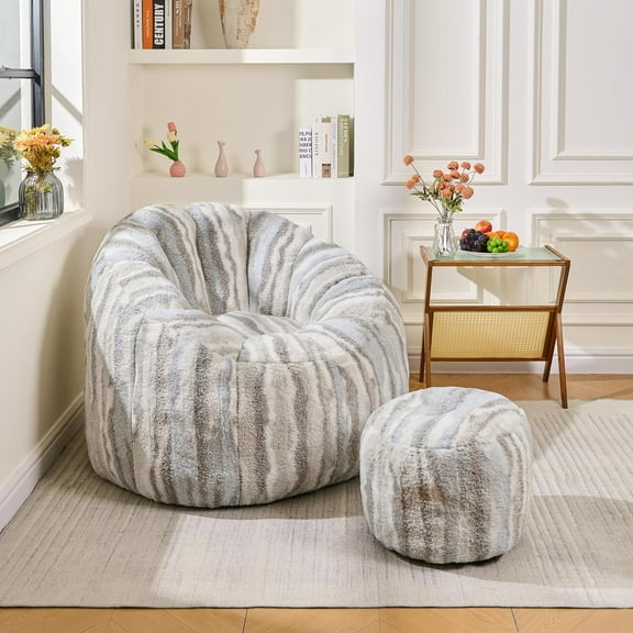 Adult Bean Bag Chair with Footstool Comfortable Bean Bag Reading Chair Premium Memory Foam-Filled Bean Bag Chair Perfect for Living Rooms and Bedrooms  Stripes