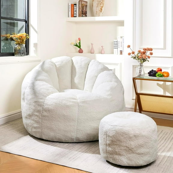 Adult Bean Bag Chair with Footstool Comfortable Bean Bag Reading Chair Premium Memory Foam-Filled Bean Bag Chair Perfect for Living Rooms and Bedrooms White