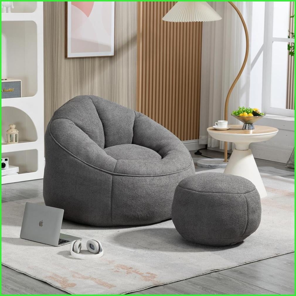 Adult Bean Bag Chair with Footrest – Soft Compressed Foam for Living Room & Bedroom | Gray | Microfiber
