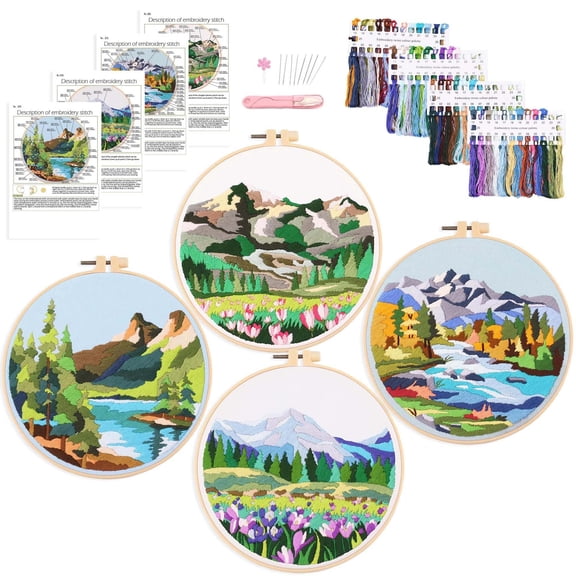 Adult Beginner Embroidery Starter Kit, Complete Set with 4 Patterns, 2 Hoops, Needles, Scissors, Instruction Guide & Stitching Video Tutorials
