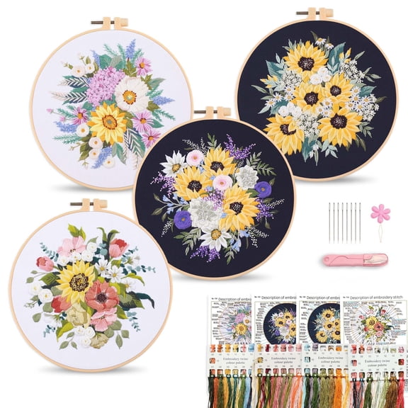 Floral Embroidery Starter Kit for Adult Beginner with Patterns, Hoops, Needles, Scissors, Instruction Guide & Stitching Video Tutorials