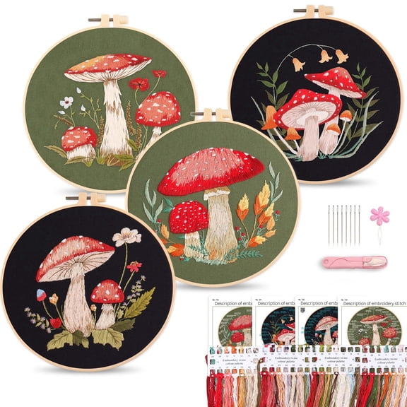 Adult Beginner Embroidery Starter Kit, Mushroom1 Pattern, Complete Set with Patterns, Hoops, Needles, Scissors, Instruction Guide & Stitching Video Tutorials