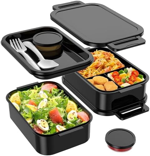 Adult Bento Box Lunch Box - Large Style Stackable Bento Lunch Box for Adults, 72oz All-in-One 3 Layers Bento Boxes Leak-Proof Lunchbox with Utensil Sauce Containers for Dining Out,Work, Black