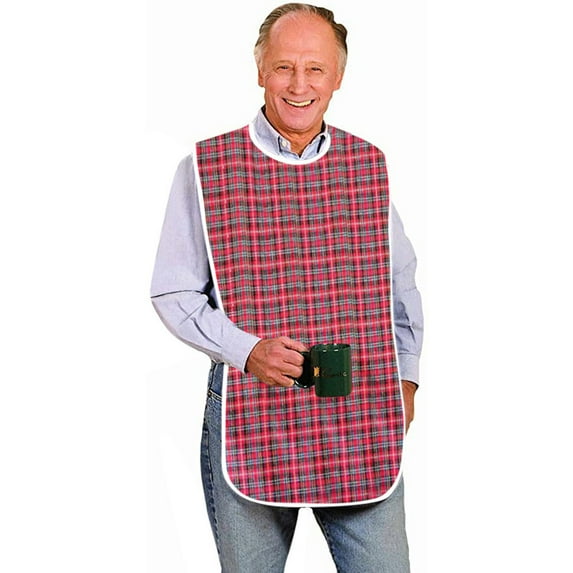 Adult Bib, Extra Long Washable Reusable Clothing Protector, Snap Closure PVC Polyester Meal Bib for Elderly Patient with Pocket Design, Red