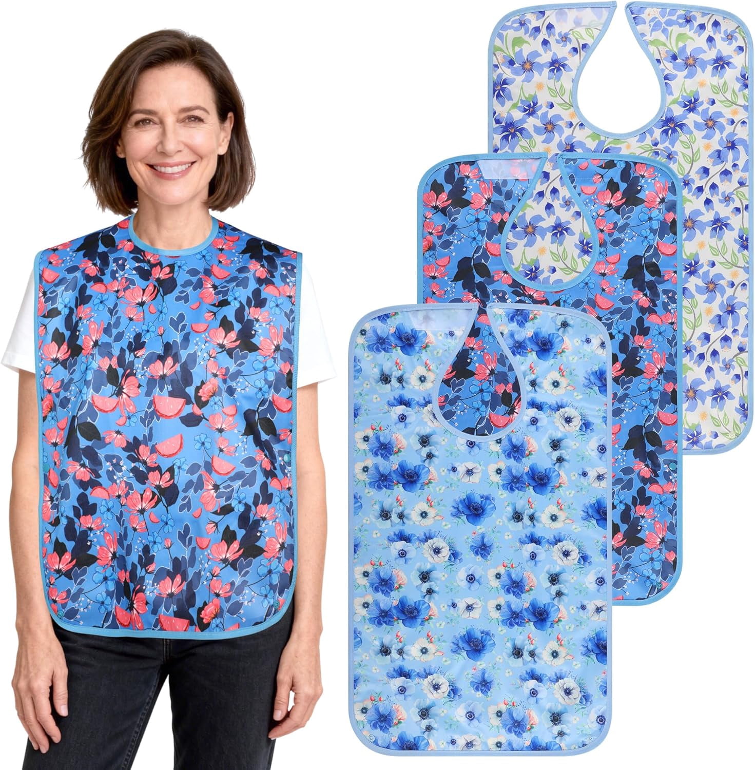 Adult Bibs - 3 Pcs Washable Clothing Protector, Reusable Waterproof ...