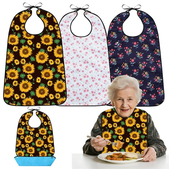 Adult Bibs for women-Large Washable Reusable Clothing Protector with Eating Crumb Catcher 31x22x18inch(3pcs Floral Pattern)