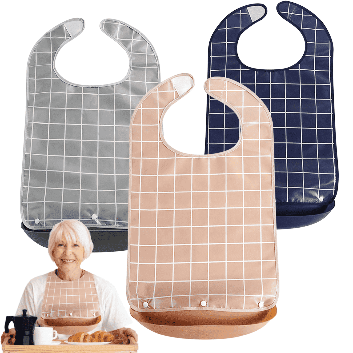 ChrumpTon Adult Bibs for Men Women Pack of 3,Reusable Bibs for Elderly Eating with Crumb Catcher,Adjustable and Washable