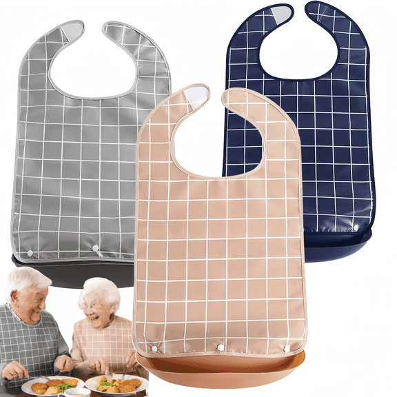 ChrumpTon 3 Pack Adult Bibs, Waterproof Reusable Bibs with Food Catcher Pocket, Adjustable Washable Eating Bibs for Seniors, Women and Men