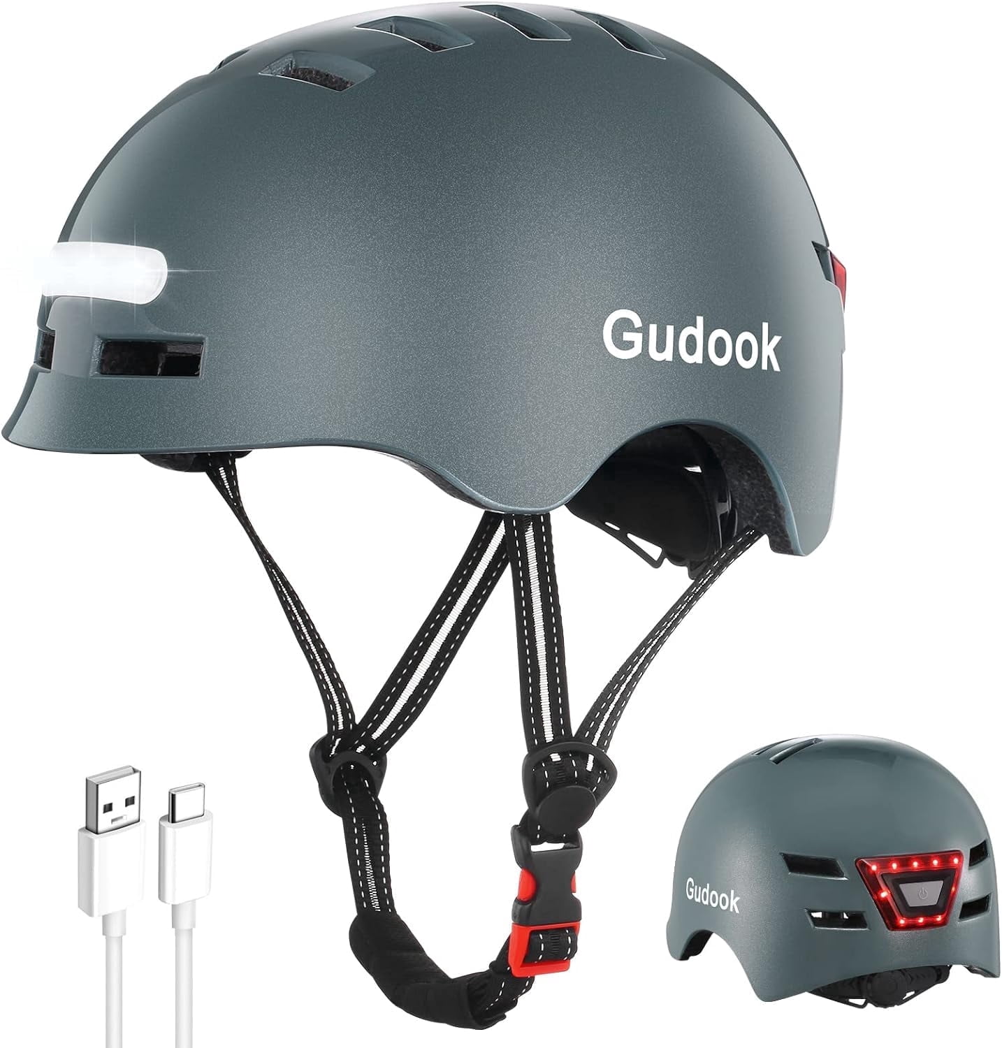 Adult Bike Helmet with Light - Bicycle Helmets Men - Women - Front and Back LED Lights Adjustable Cycling Helmet for Urban Commuter Biking Scooter