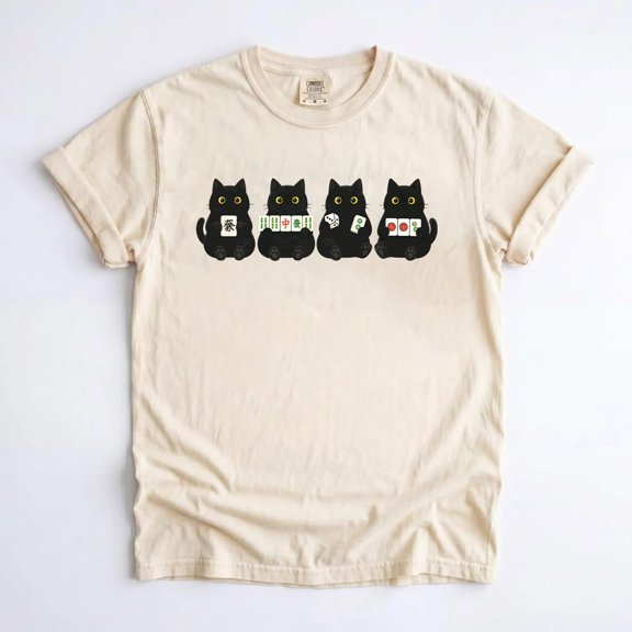 Adult Black Cat Mahjong Tiles and Dice Graphic T-Shirt