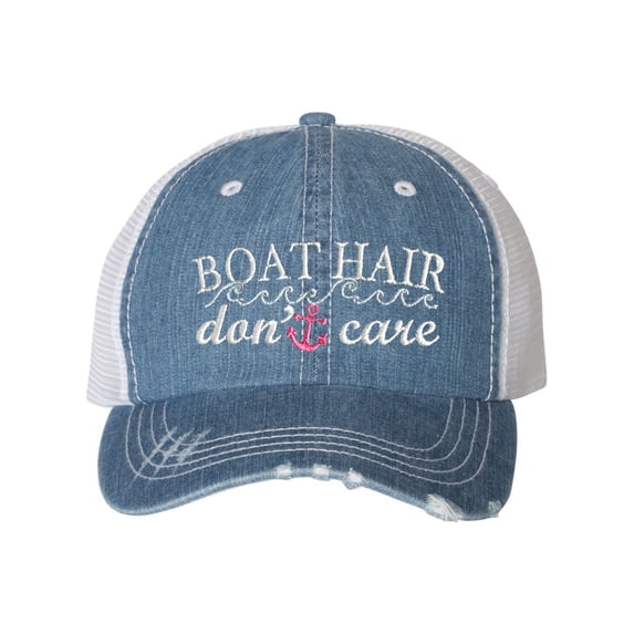 Adult Boat Hair Don't Care Embroidered Distressed Trucker Cap