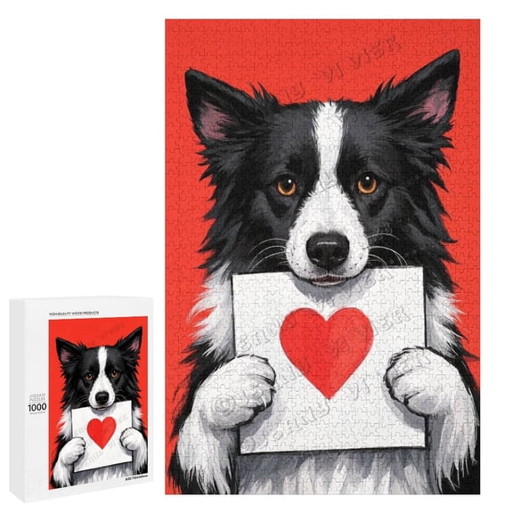 Adult Border Collie With Heart Love Wooden Puzzle, 1000 Pieces  Difficult Puzzles and Challenging Brain Teaser, Precision Puzzle; gift for pet owners and those who have lost pets