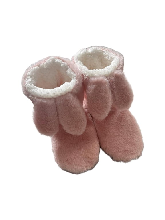 Adult Bunny-Ear Plush Indoor Floor Boots, EU Size 41-42, High-Top Ankle Coverage, Plush Fabric and Flexible Sole, Long Bunny-Ear Accents, Pink