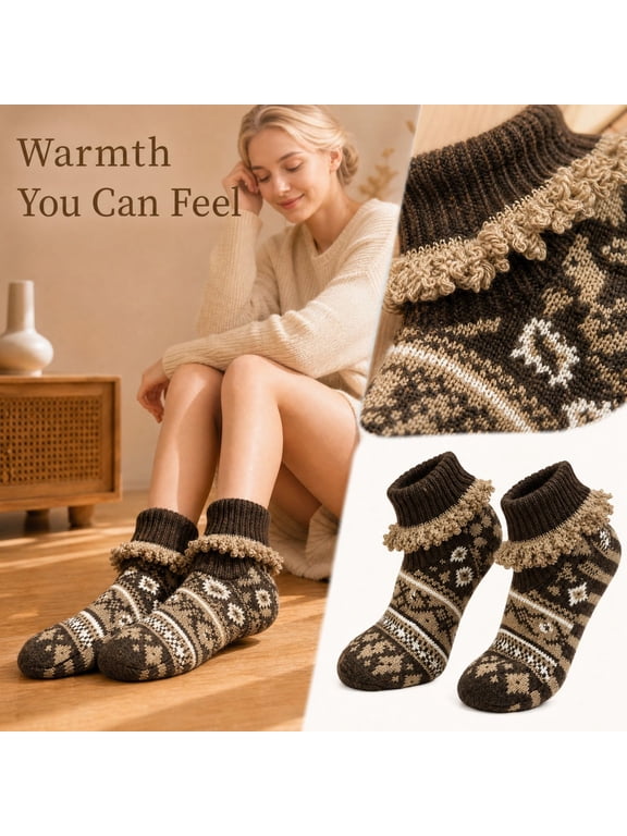 Adult Cable Knit Fleece Lined Slipper Socks with Ruffled Cuff Non Slip Winter Indoor Floor Socks for Home Lounging M