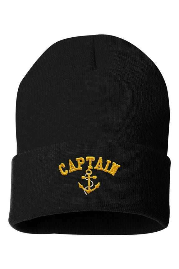 Adult Captain With Anchor Embroidered Cuffed Knit Beanie Cap
