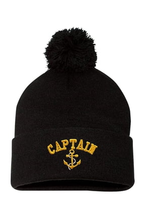 Adult Captain With Anchor Embroidered Knit Beanie Pom Cap