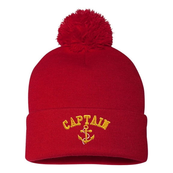 Adult Captain With Anchor Embroidered Knit Beanie Pom Cap