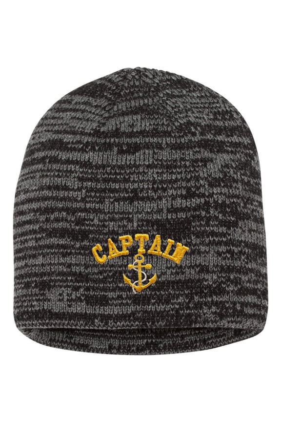 Adult Captain With Anchor Embroidered Marled Knit Beanie Cap