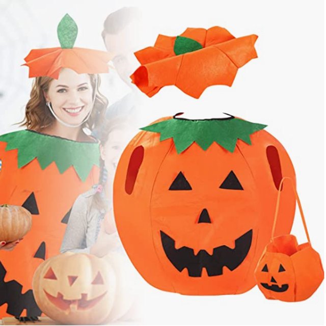 Adult Child Pumpkin Costume with a Pumpkin Basket and a Hat for