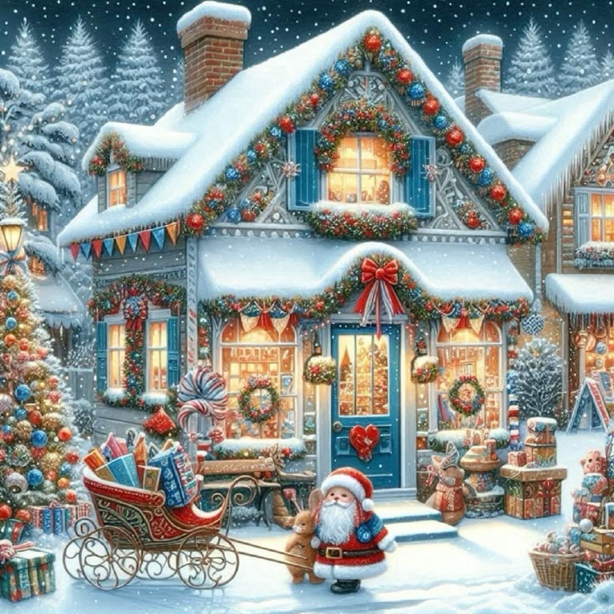 Adult Christmas Diamond Painting Kit — Winter Christmas Cottage Theme | 5D Gem Art Craft Kit | Ideal for Home Wall Decor & Gifting (16x16 Inches) — Unframed