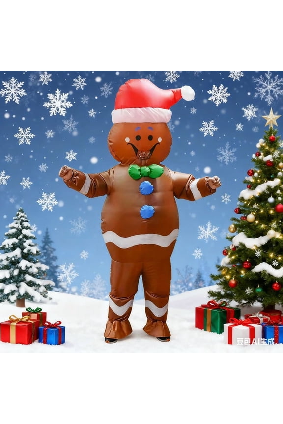 Adult Christmas Gingerbread Man Inflatable Costume Gingerbread Man Jumpsuit Funny Fancy Dress Halloween Cosplay Party Gift,Height 59"–74.8",gingerbread