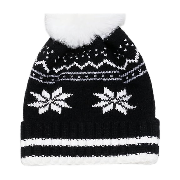 Adult Christmas Knit Beanie Winter Hats, Cuffed Pom Pom Cap with Snowflake Pattern, Warm Party Hats for Men Women Family Winter Gathering Black