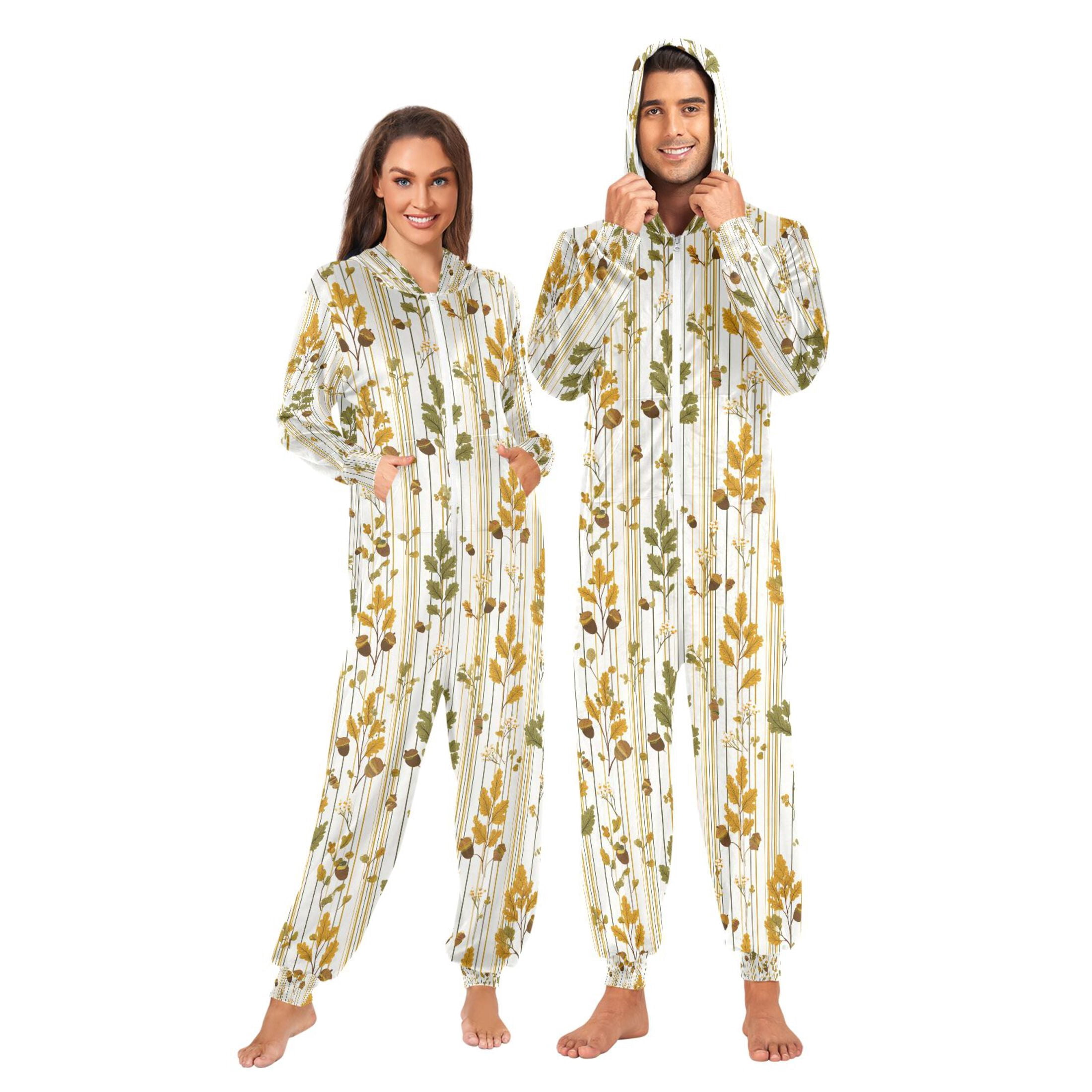 Adult Christmas Onesie Acorn Wildflowers Brown Adult Zipper One-Piece Pajamas Unisex Pajamas with Pockets