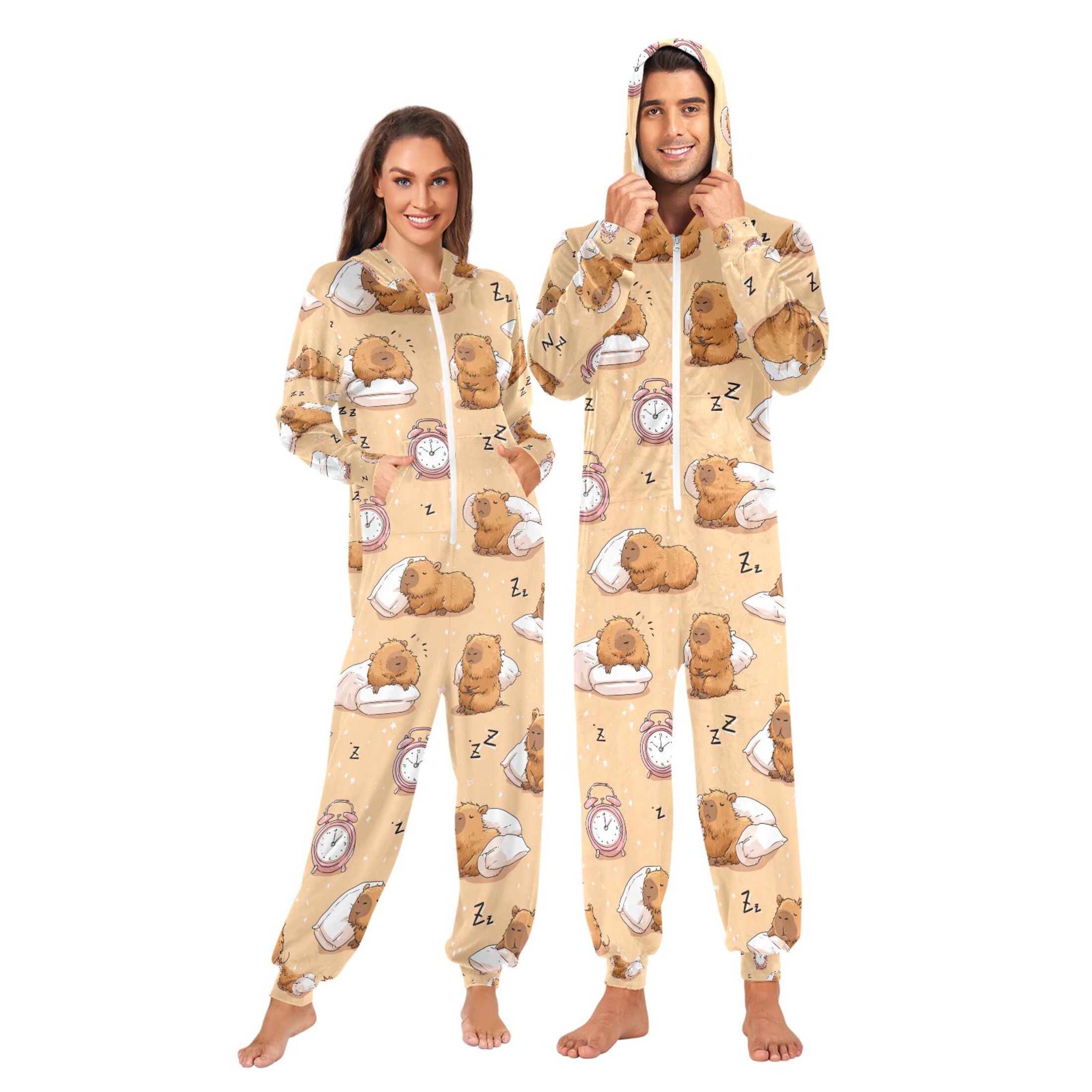Adult Christmas Onesie Alarm Clock Capybara Adult Zipper One-Piece Pajamas Unisex Pajamas with Pockets