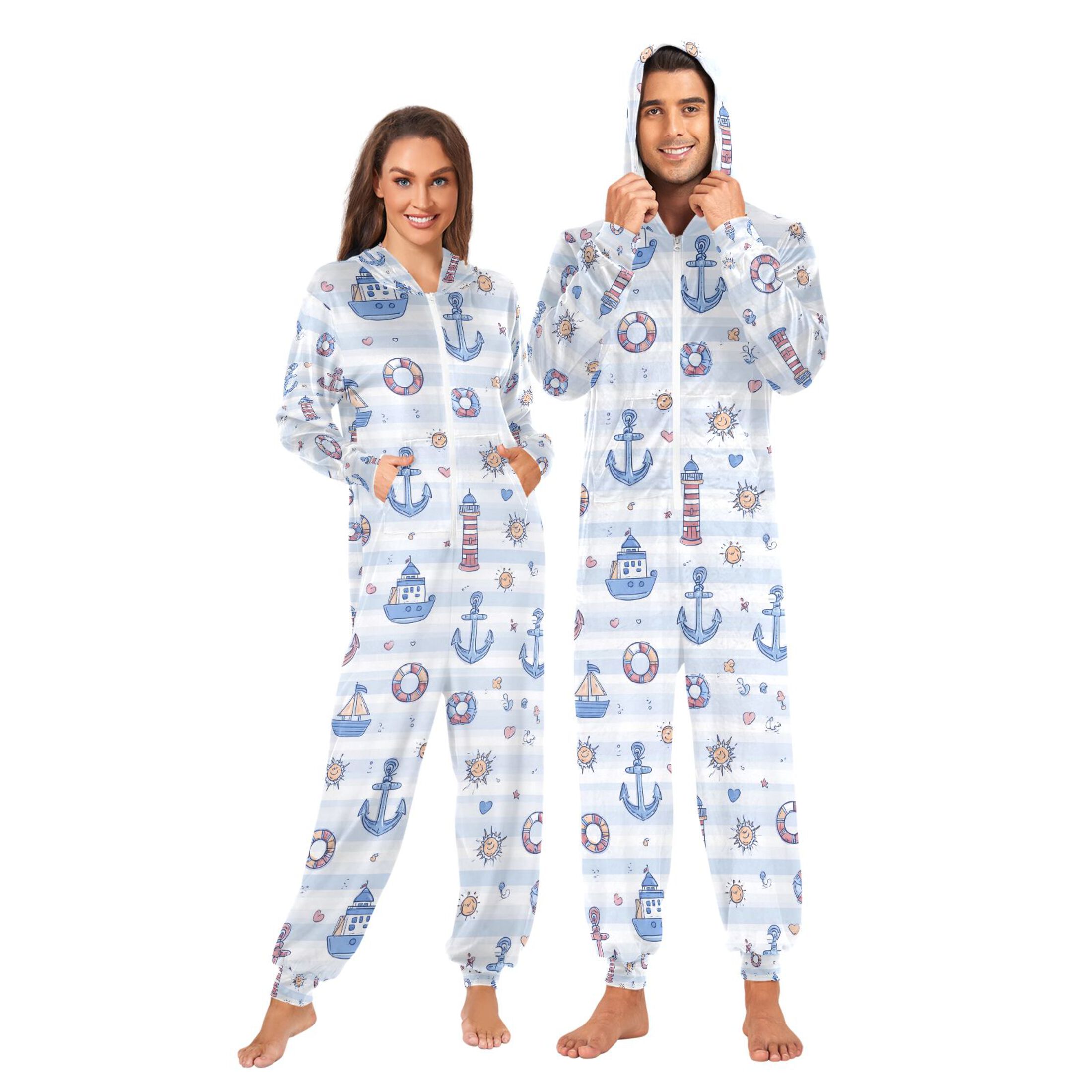 Adult Christmas Onesie Anchor and Lighthouse Adult Zipper One-Piece Pajamas Unisex Pajamas with Pockets