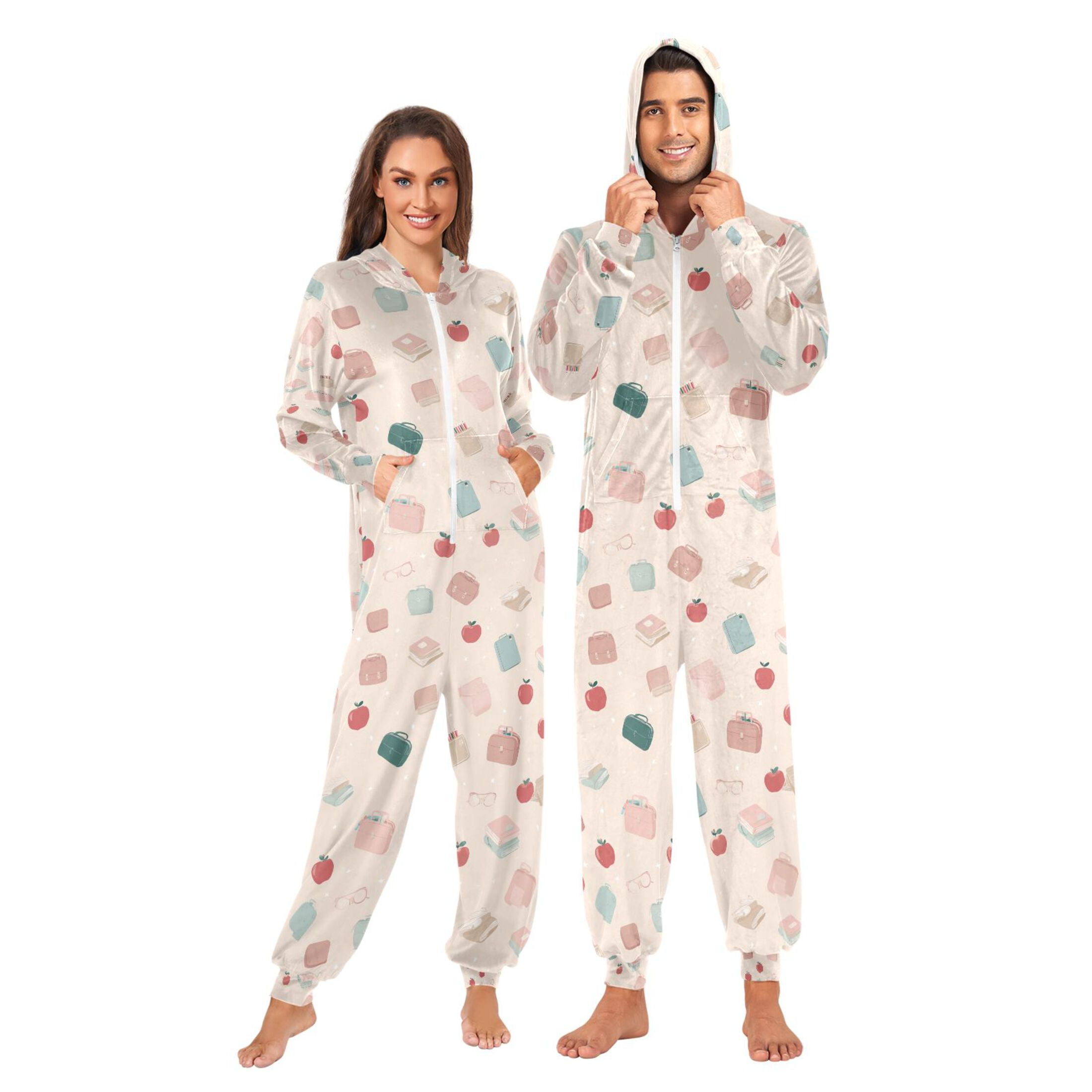 Adult Christmas Onesie Apple Book Pencil Case Adult Zipper One-Piece Pajamas Unisex Pajamas with Pockets