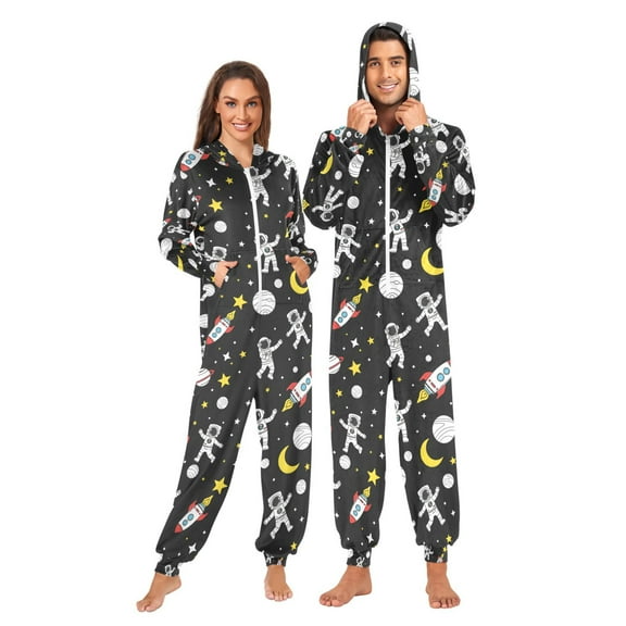 Adult Christmas Onesie Astronaut Rocket Planet Stars Adult Zipper One-Piece Pajamas Unisex Pajamas with Pockets