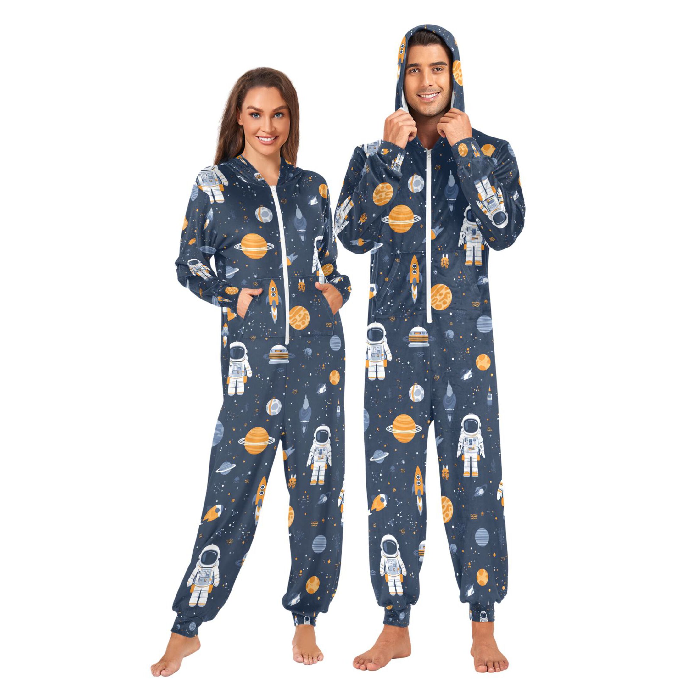 Adult Christmas Onesie Astronaut Star Adult Zipper One-Piece Pajamas Unisex Pajamas with Pockets