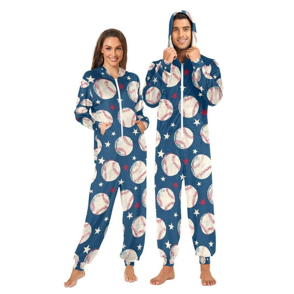 Adult Christmas Onesie Baseball Adult Zipper One-Piece Pajamas Unisex Pajamas with Pockets